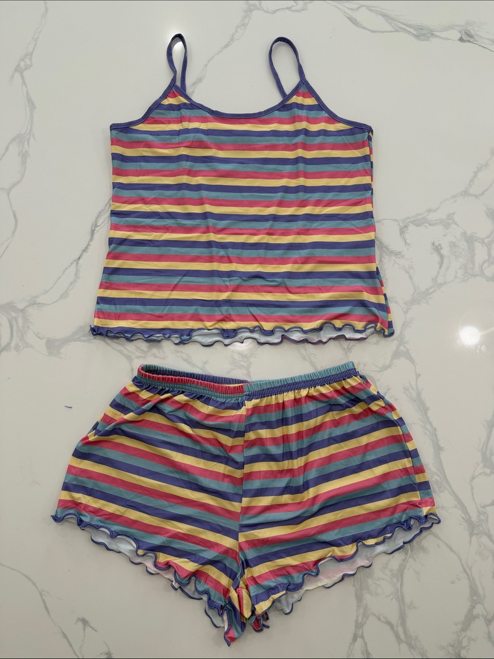 SHEIN Rainbow Striped Ruffle Pajama Shorts - Pink, Yellow, Blue, Purple, Green